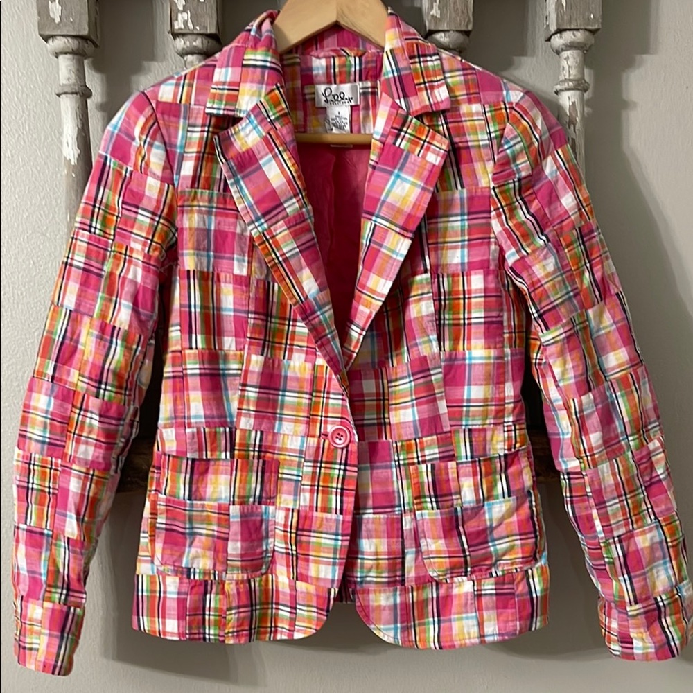 Lilly Pulitzer Pink and Orange Blazer with Vibrant Plaid Design